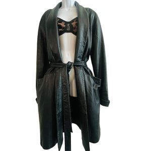 Vintage Black Genuine Leather Shawl Collared Belted Swing Coat